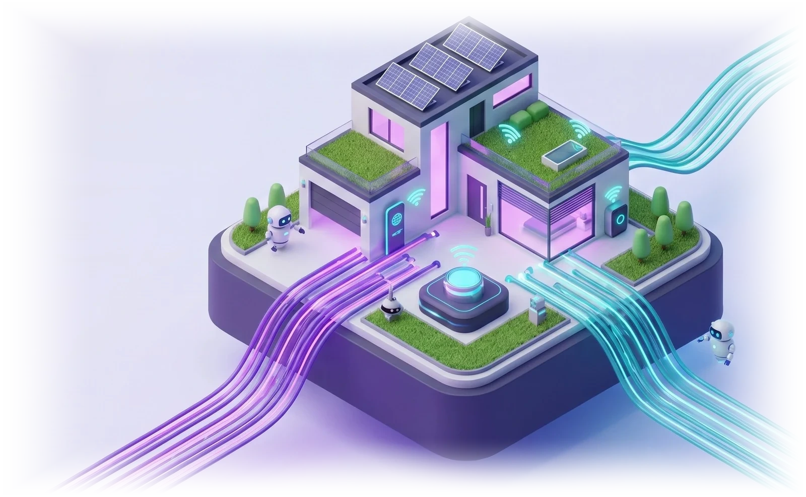 An isometric model house with solar panels and rooftop lawns, purple and teal light strands running into it