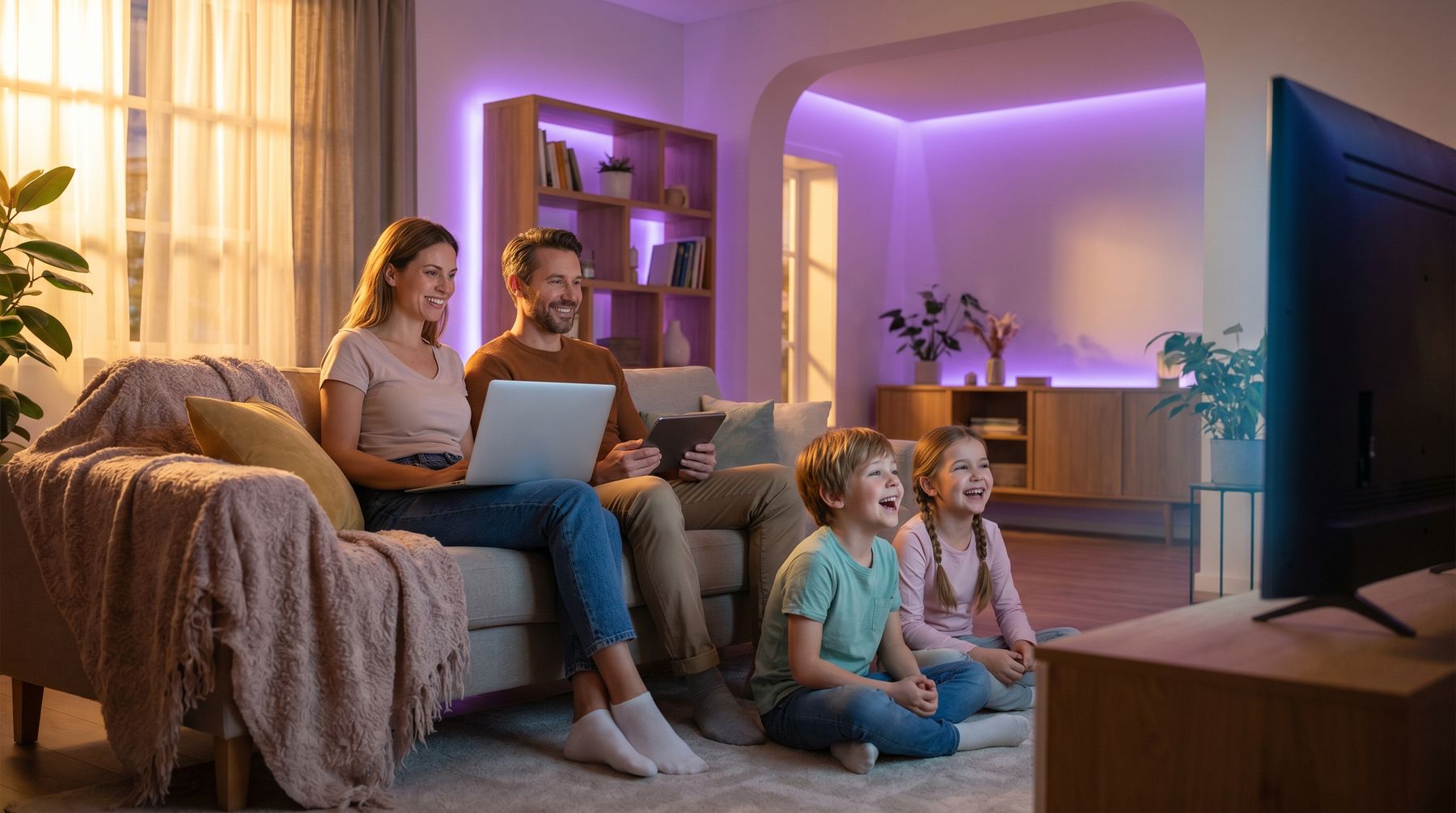 Two parents on a sofa with a laptop and a tablet while two children laugh at the TV