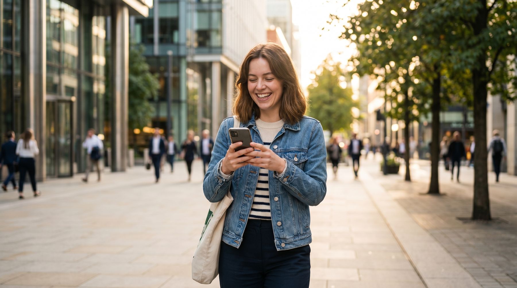 A woman in a denim jacket smiling at her phone as she walks along a city street