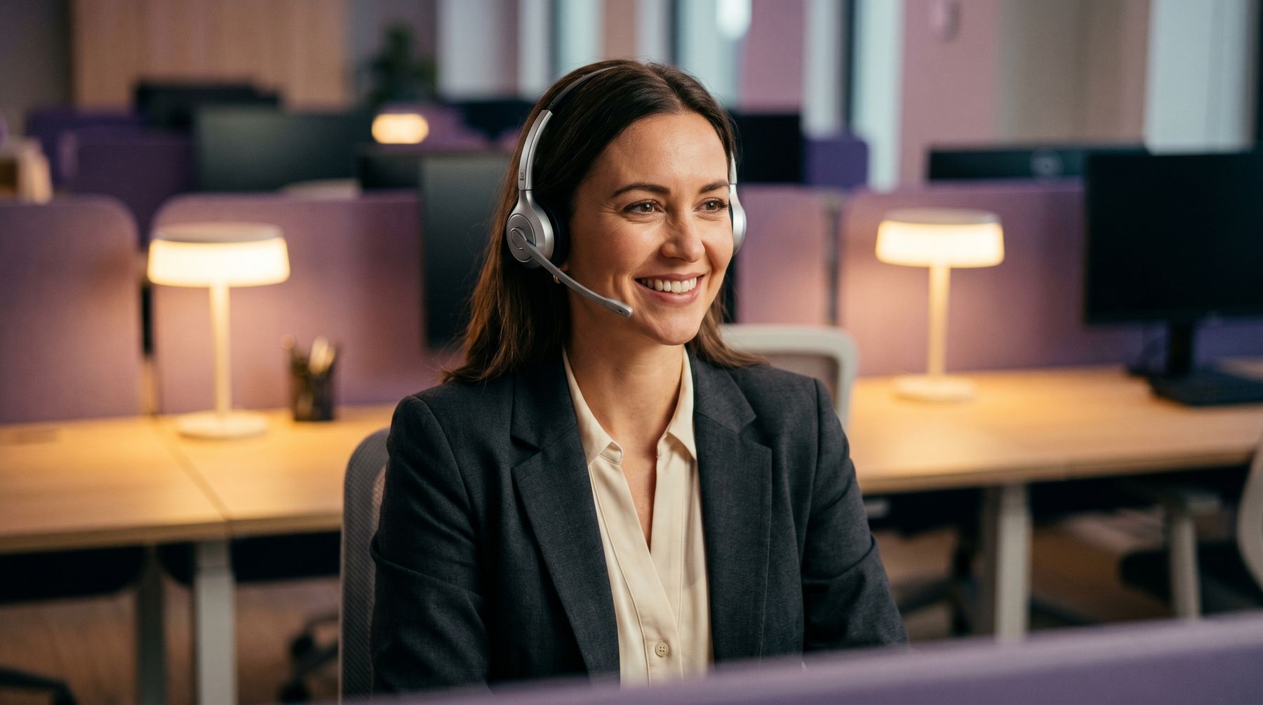 A smiling woman in a headset and blazer at an office desk
