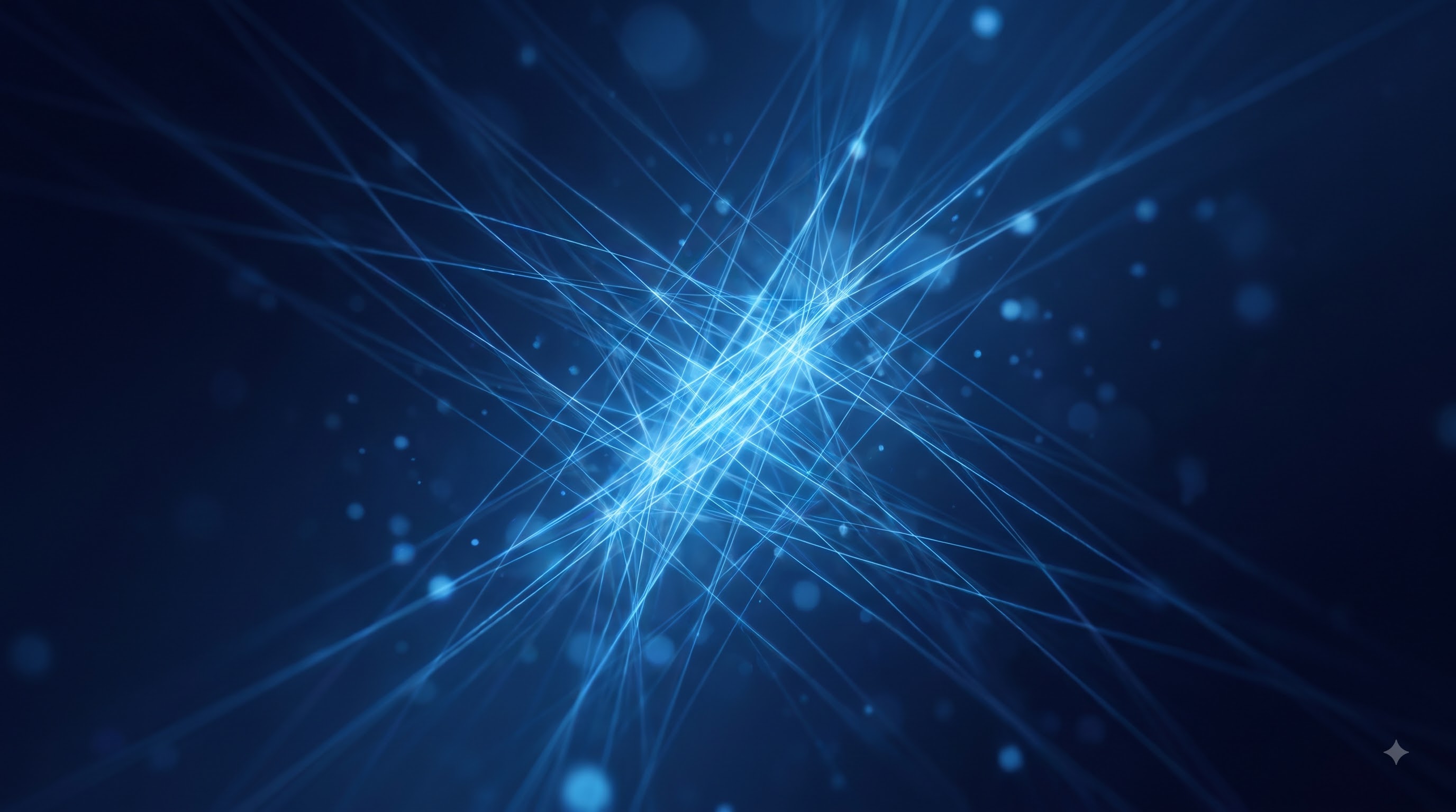 Abstract streaks of blue light criss-crossing through a dark navy field