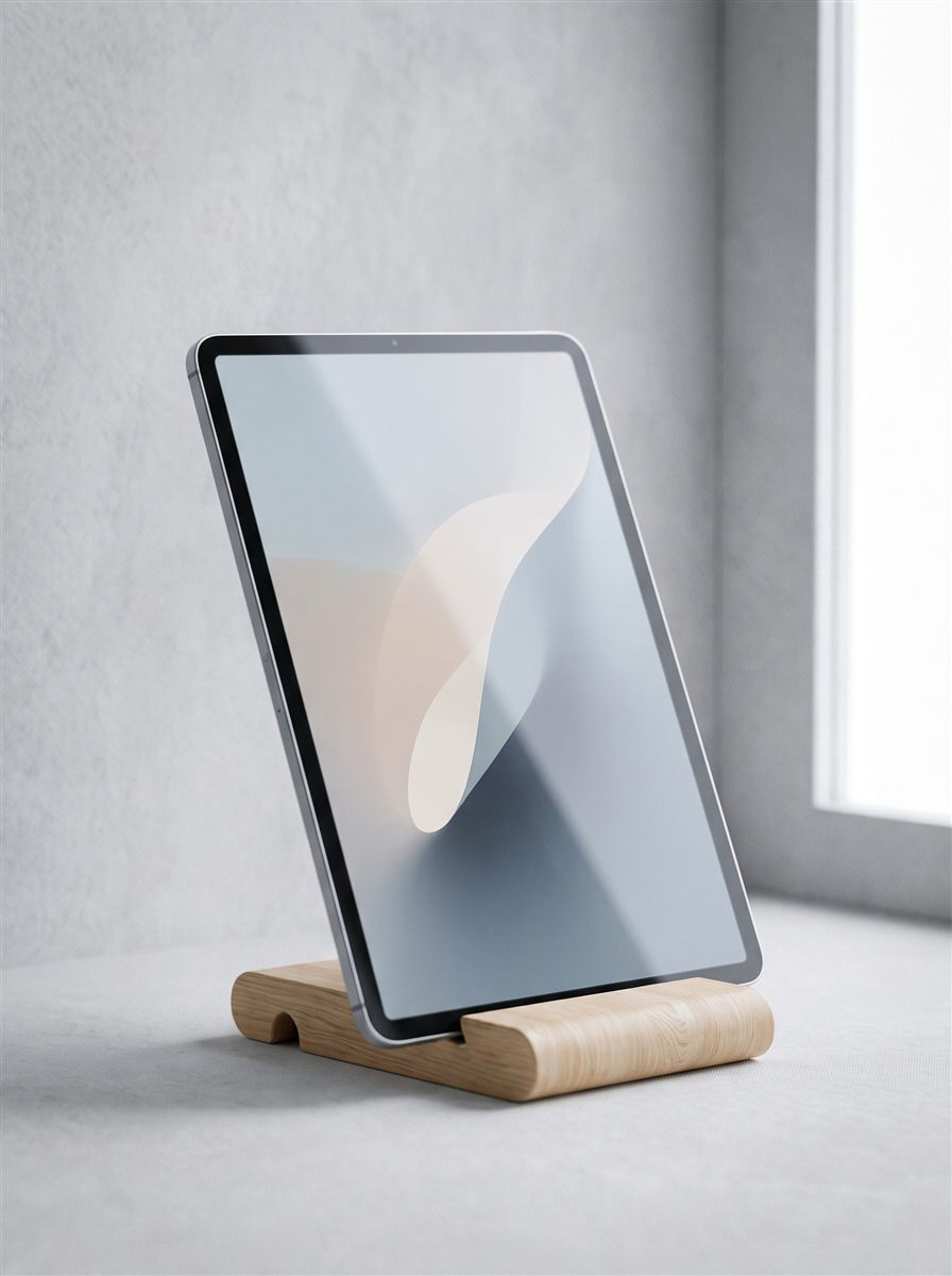 A tablet resting in a curved wooden stand on a pale gray ledge next to a window