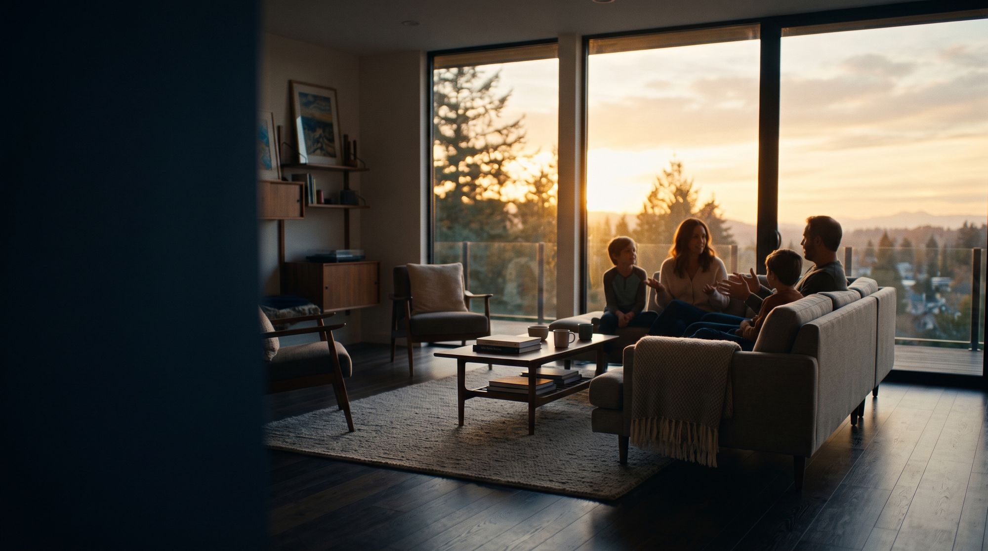 Parents and two children talking on a sectional sofa in a dim living room, a sunset glowing through floor-to-ceiling windows