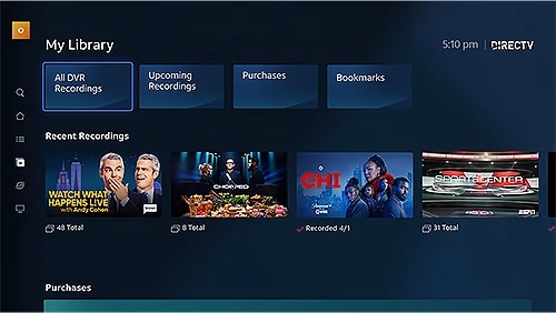 The My Library screen, with tabs for DVR recordings, upcoming recordings, purchases and bookmarks