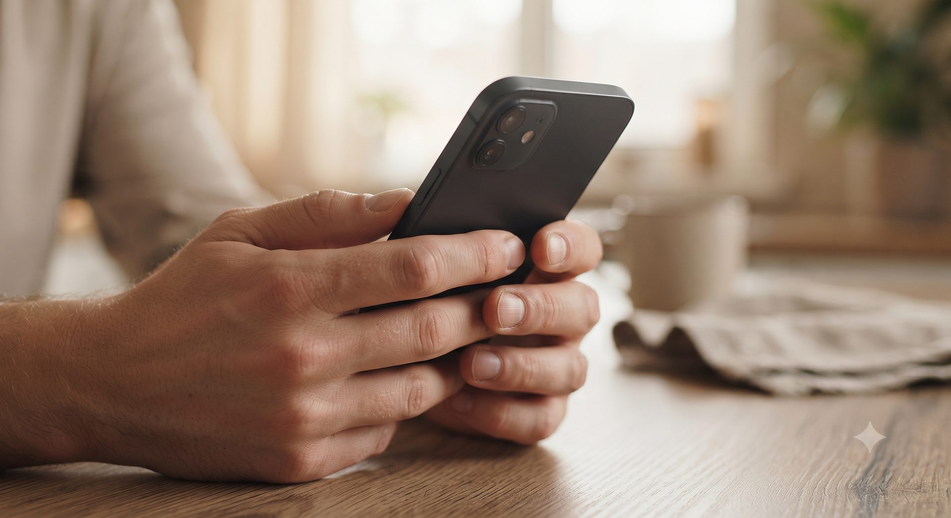 Close-up of two hands holding a black smartphone above a wooden table