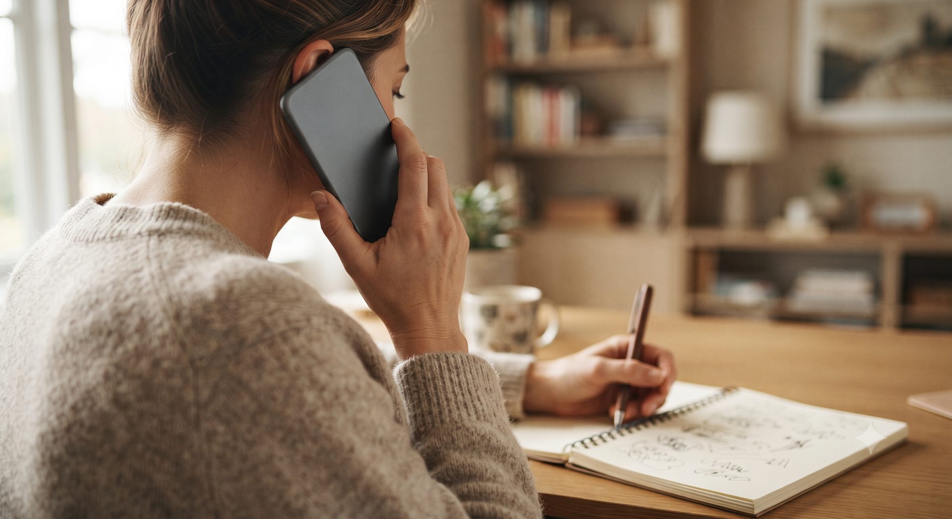 Woman in a knit sweater on a phone call, writing notes in a spiral notebook