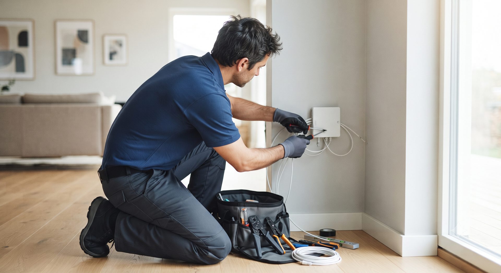 Technician in work gloves kneeling to connect white cables to a small box on the wall