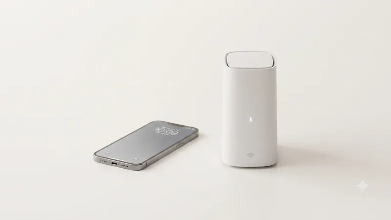 A smartphone lying beside a white tower-style Wi-Fi gateway