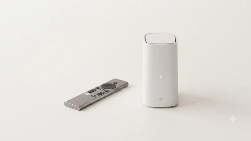 A silver TV remote next to a white Wi-Fi gateway