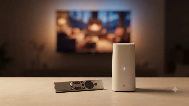 A remote and a white gateway on a table, with a wall TV glowing behind them