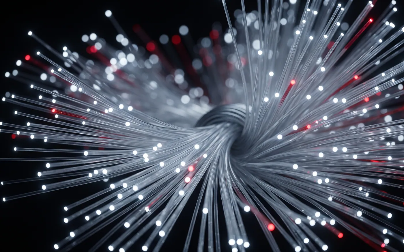A twisted bundle of fiber-optic strands fanning out, their tips glowing white and red