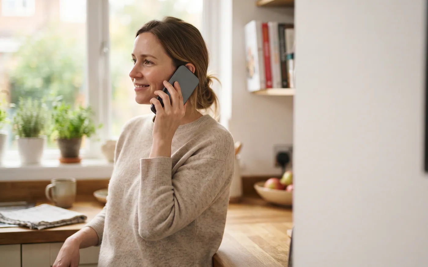 A smiling woman on a phone call, leaning against a kitchen counter
